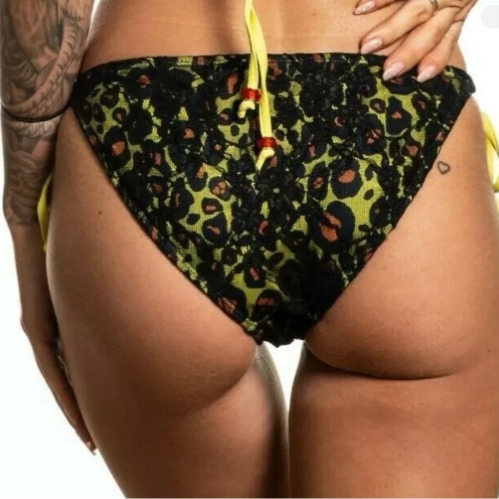 NWT Sinful By Affliction Solar Bikini Bottom Lace‎ over Leopard Yellow & Orange